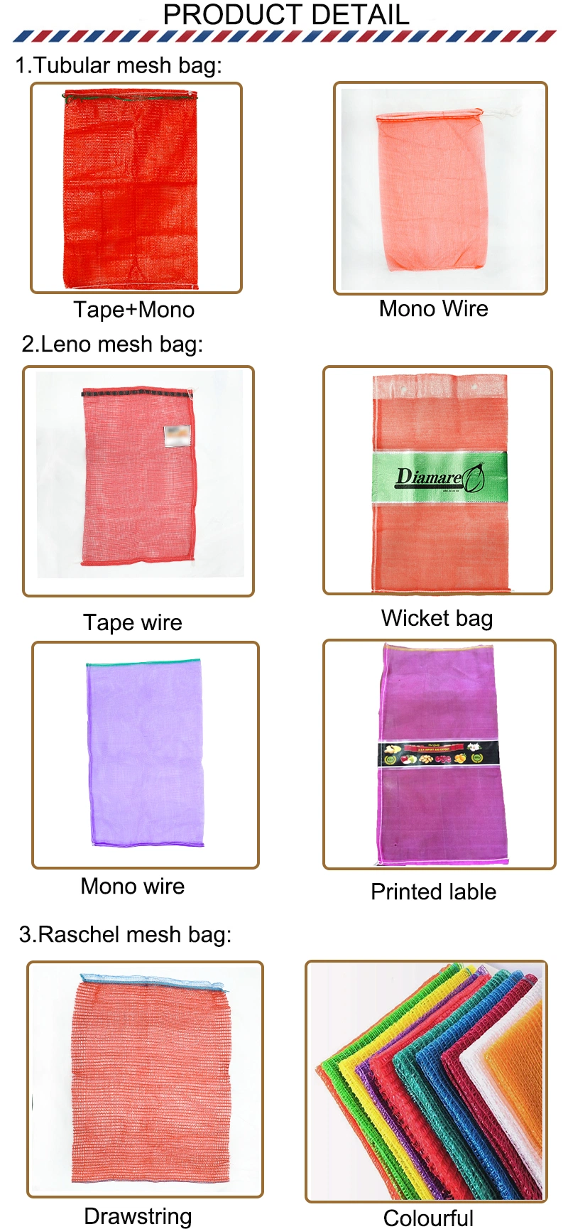 Plastic PE Leno Wicket Mesh Bag with Logo and Printed Label for Packing Onion Potato Firewood Storage Mesh Sacks